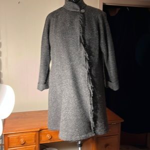 A Lynn Pullman original! All wool. Grey, with velvet collar and fringe. 2 button